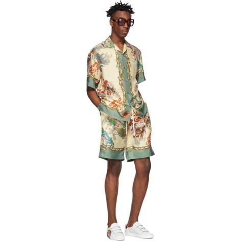 gucci off white silk jousting bowling shirt|Silk bowling shirt with jousting print .